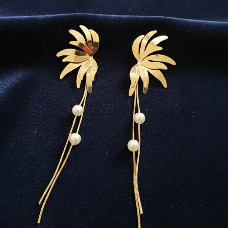 Golden Palm Pearl Drop Earrings