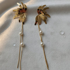 Golden Palm Pearl Drop Earrings